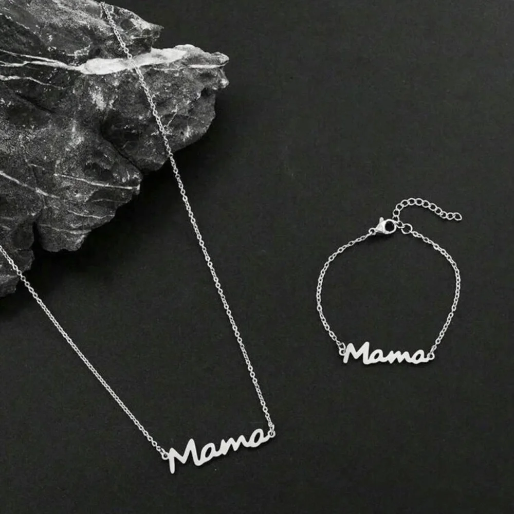 1pc Stainless Steel MAMA Necklace & 1pc Chain Bracelet For Women Mother's Day - Picture 1 of 3